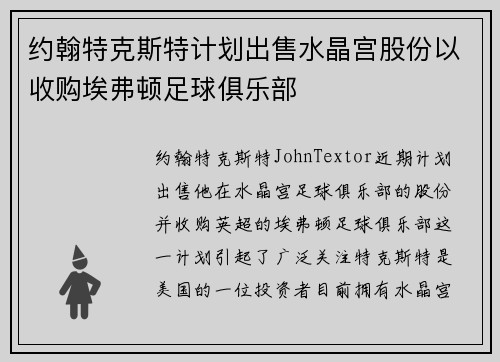 约翰特克斯特计划出售水晶宫股份以收购埃弗顿足球俱乐部